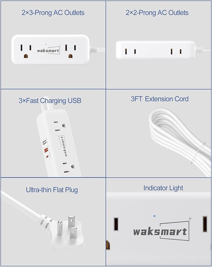 PD20W Flat Plug Power Strip -3 Ft Flat Plug Extension Cord with 4 AC Outlets 3 Quick Charging USB Ports, Flat Outlet Wall Plug Compact for College Dorm, Travel, Home, Office Desk Accessories