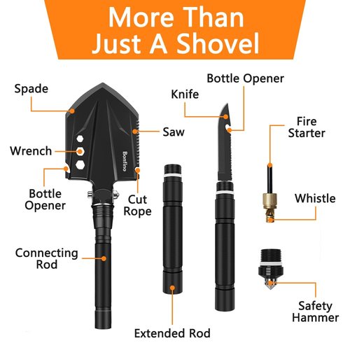 Bonfino Foldable Camping Shovel - 30.4" High Carbon Steel Portable Multitool Entrenching Tool for Backpacking, Hiking, Survival & Car Emergency - Versatile & Sturdy
