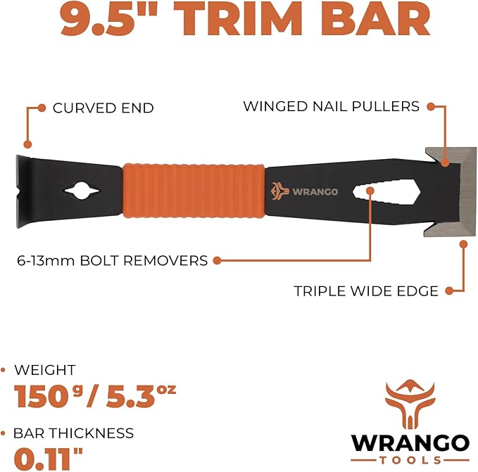 Wrango Tools - 9.5" Trim Bar Pry Bar - Patented Flat Bar Nail Puller with Wide Winged Ends & Shock Absorbing Grip - Lifetime Warranty - 5% Donated To Help Farmers