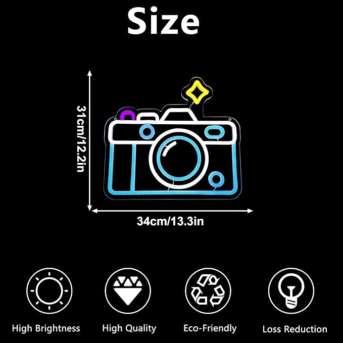 Camera Neon Sign Dimmable LED Light Up Wall Decor Multi-Color Retro Photography