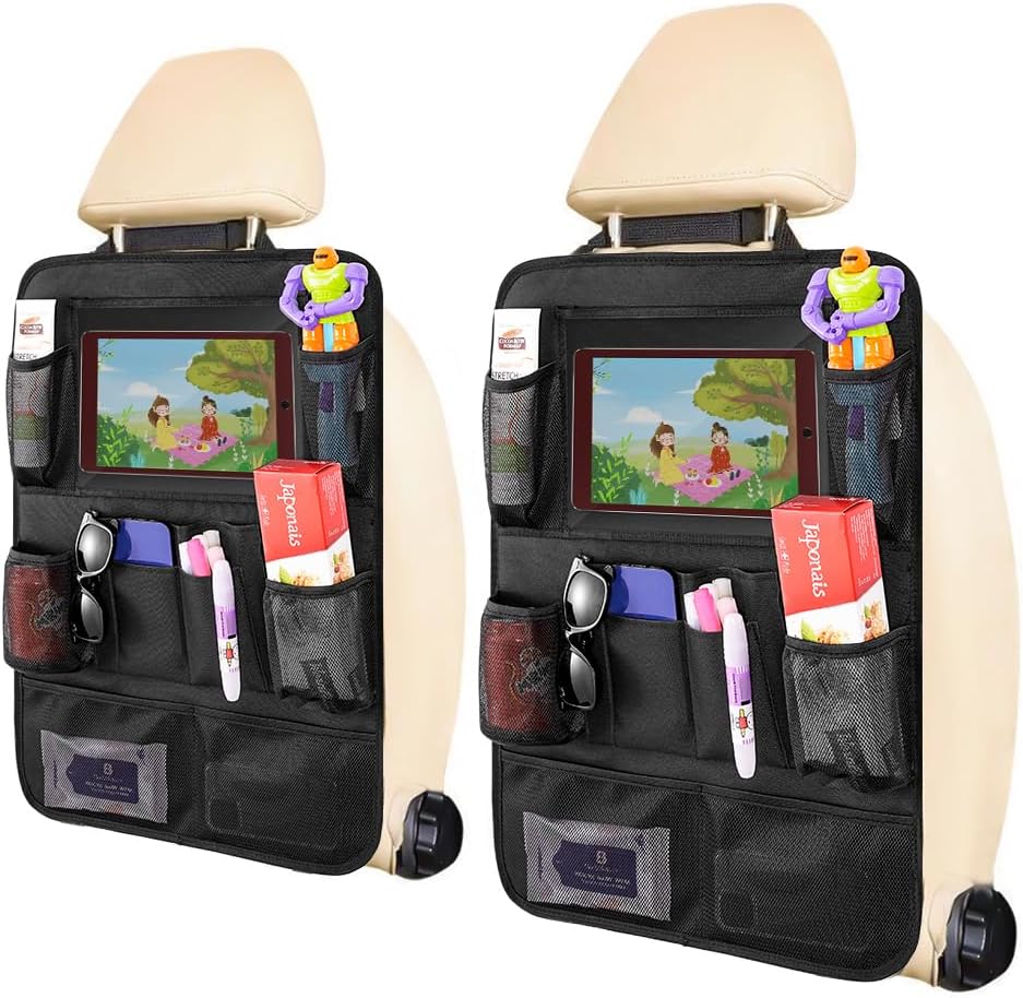 Car Backseat Organizer 1-Pack with Tablet & Storage Tray, Waterproof 600D Oxford Fabric Seat Back Protector, Kick Mats, Adjustable Straps Fit Most Vehicles, Road Trip Essentials for Kids