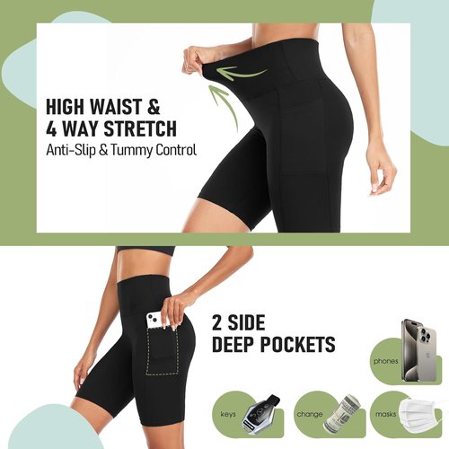 GROTEEN Biker Shorts for Women - High Waisted Tummy Control with Pockets | 8-Inch Spandex Yoga Shorts