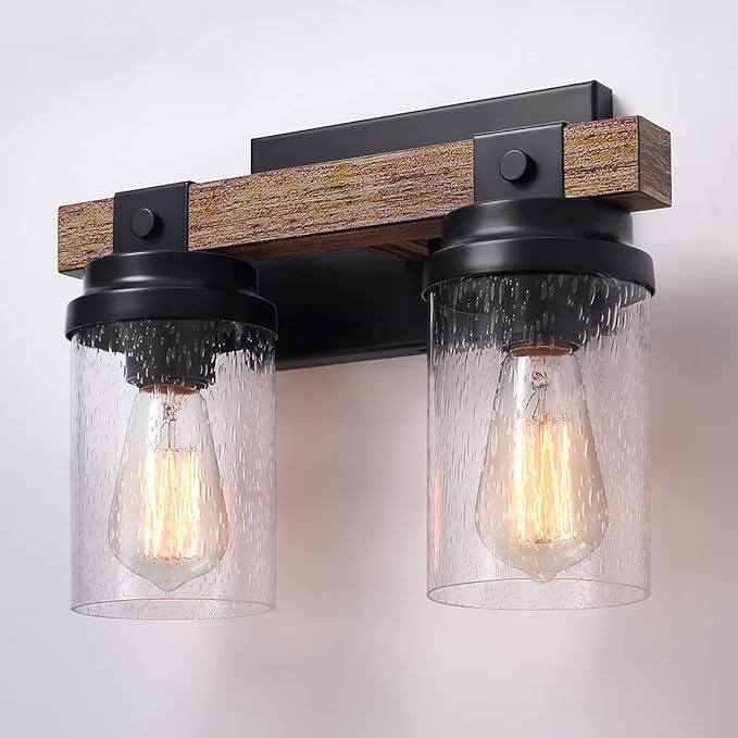 2-Light Farmhouse Vanity Lights for Bathroom, Rustic Bathroom Light Fixtures with Pretty Glass Shade, Rustic Vanity Light for Mirror, Black Wood Wall Sconces for Hallway Bedroom Living Room