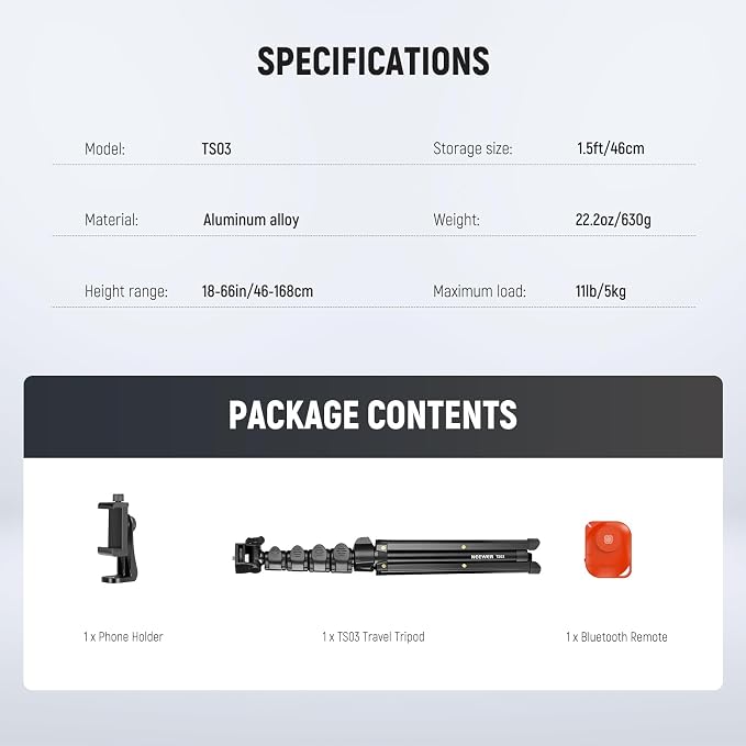 NEEWER Basic Phone Tripod for iPhone & Camera w/Remote & Phone Holder, Portable