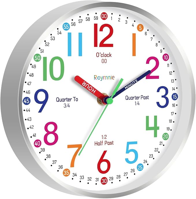 Roymnie Wall Clock for Kids Learning to Tell Time Easily Non Ticking Battery