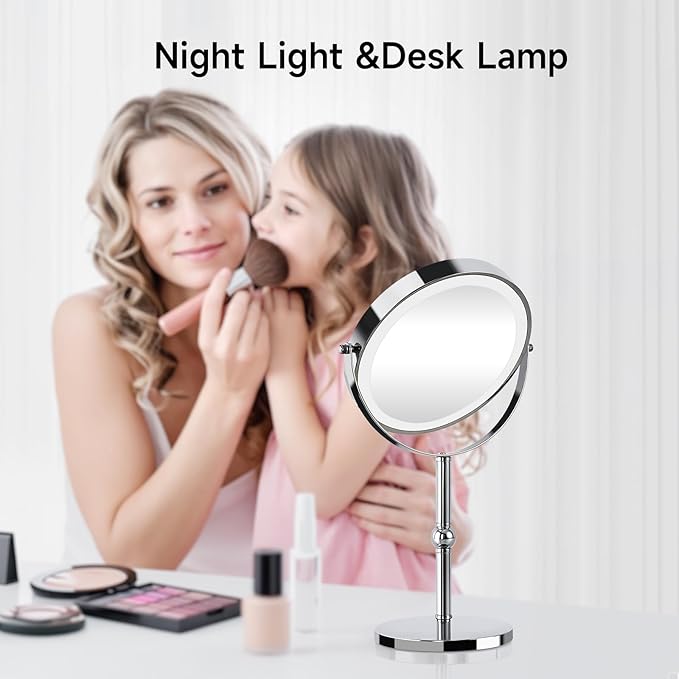 Lighted Makeup Mirror with Brighter Lights,1x/10xTrue HD Magnifying Tabletop Vanity Mirror with Touch Control, 360°Rechargeable Double Sided Mirror with 3 Colors Dimmable Lights