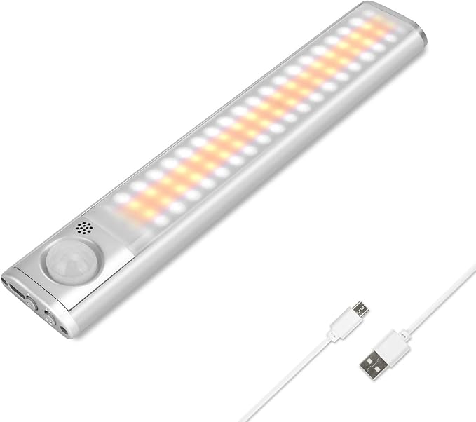 Under Cabinet Lighting 80 LED Closet Light, Motion Sensor lights Indoor USB Rechargeable Dimmable Stick-on Night Light Bar for Kitchen, Wardrobe, Garage, Stairs, Bedroom (1 Pack)