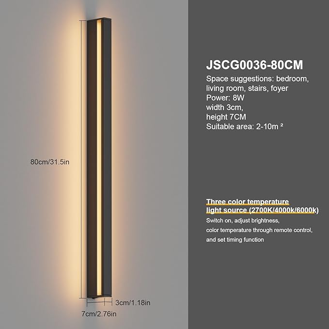 Aipsun Rechargeable Battery Operated Wall Sconce,9000mAh Black Wall Sconces 3000K-6000K LED Wireless Wall Light for Bedroom, Hallway Living Room,31.5 Inch,Black(2 Packs)
