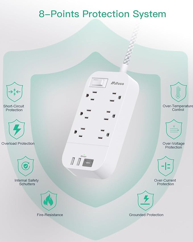 Power Strip - 15 FT Long Flat Plug Extension Cord, 6 Outlets 4 USB Ports(2 USB C, Outlet Extender with Overload Protection, Wall Mount, Desktop Charging Station for Office and Dorm Essential