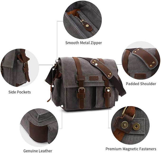 Kattee Leather Canvas Camera Bag Vintage DSLR SLR Messenger Shoulder Bag