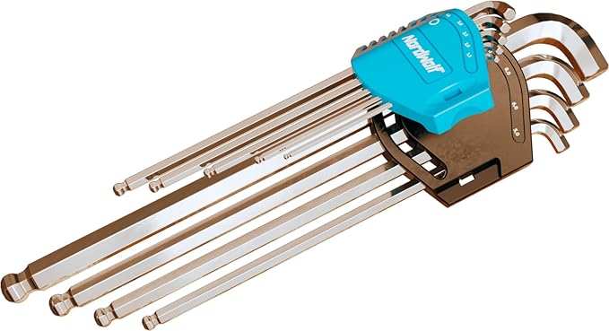 NordWolf 9-Piece Metric Stubby Allen Wrench Set, S2 Steel Long Arm Ball End Hex L-Keys, Sizes 1.5mm to 10mm