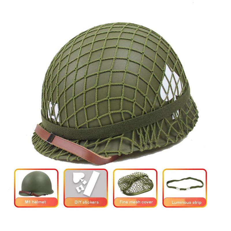 WWII US WW2 Army M1 Steel Pot Helmet Replica - Military Gear Uniform with Net Cover, Chin Strap, Cat Eye Belt