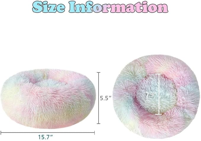 otoez Kitten Puppy Bed Extra Small XS Round Dog Cat Beds Anti Anxiety Plush Pet Calming Donut Bed with Non-Slip Waterproof Bottom, Washable (15.7", Rainbow)