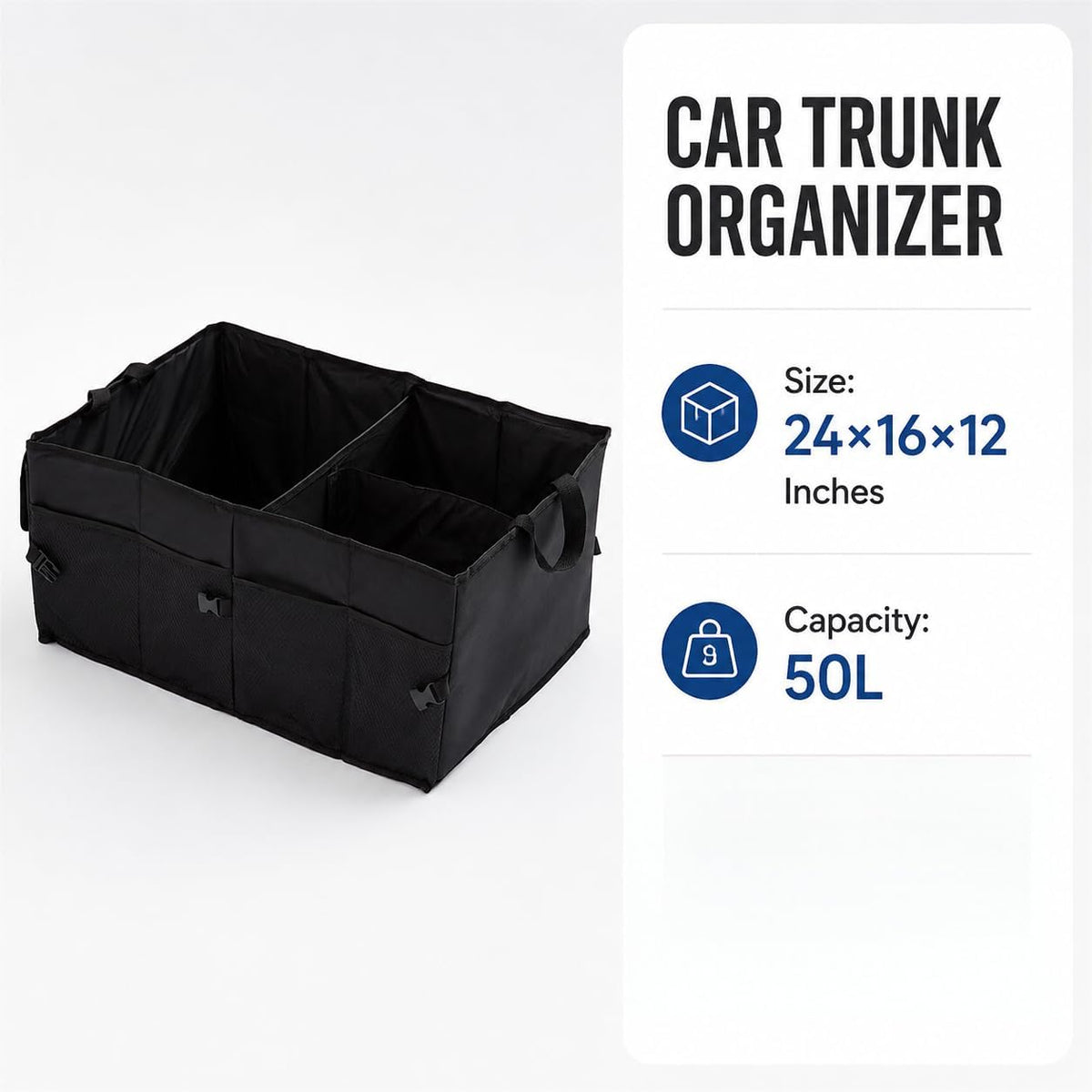 Collapsible Car Trunk Organizer with Leak-Proof Base, Adjustable Sections | Folds flat. Waterproof Oxford fabric, leak-proof base. Fits sedans, SUVs, trucks. Organizador maletero plegable