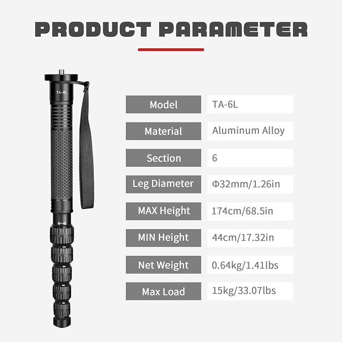 TONYBOO 68.5” Aluminum Camera Monopod, Lightweight & Portable, 5-Section Travel