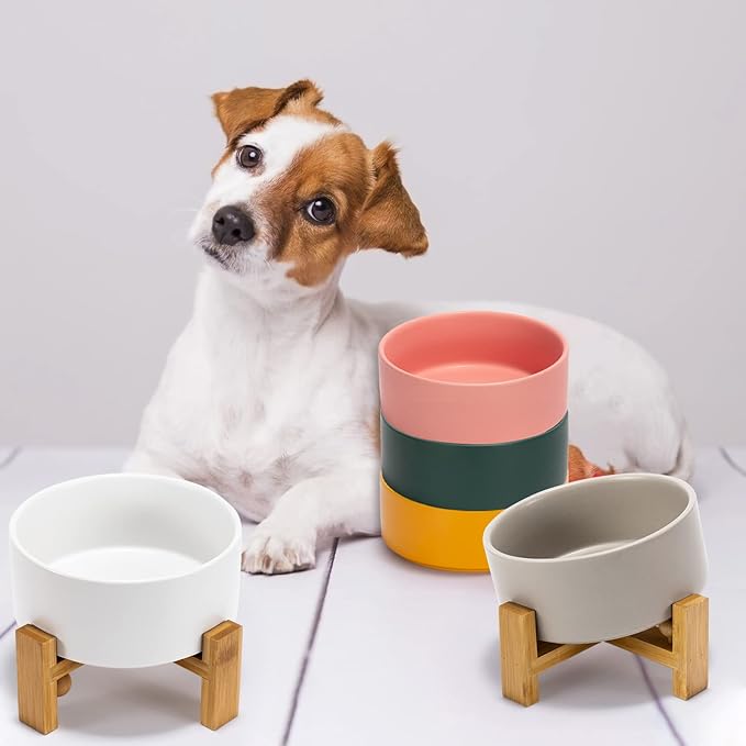 SPUNKYJUNKY 15° Slanted Ceramic Dog and Cat Bowl with Wooden Stand, Tilted Bulldog Food and Water Bowl No Slip Non-Spill for Cats Medium Dogs Big Face Pets 28.7 OZ (3.6 Cups, White-Grey)