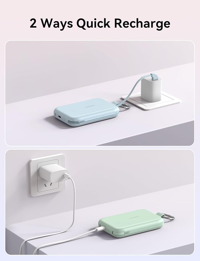 RORRY Portable Charger, 10000mAh PD 30W Fast Charging Portable Charger Power Bank with Built-in Cables, Travel Keychain Charger Battery Pack for iPhone 17/16/15/14/13/12, for AirPods 2/3/4/Pro, Blue