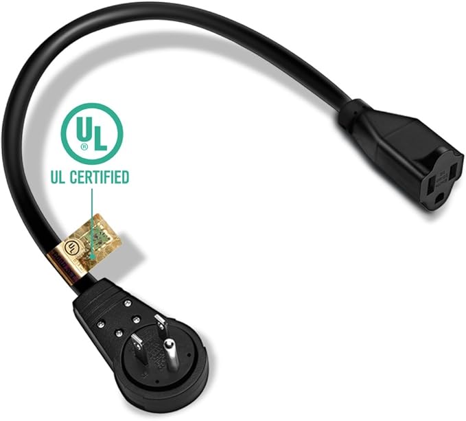 Nekteck 360° Rotating Flat Plug Extension Cord, 1 Foot, 14AWG 3 Prong, Low Profile Right Angle Power Cord Grounded Wire, UL Certified, Black (6 Pack)