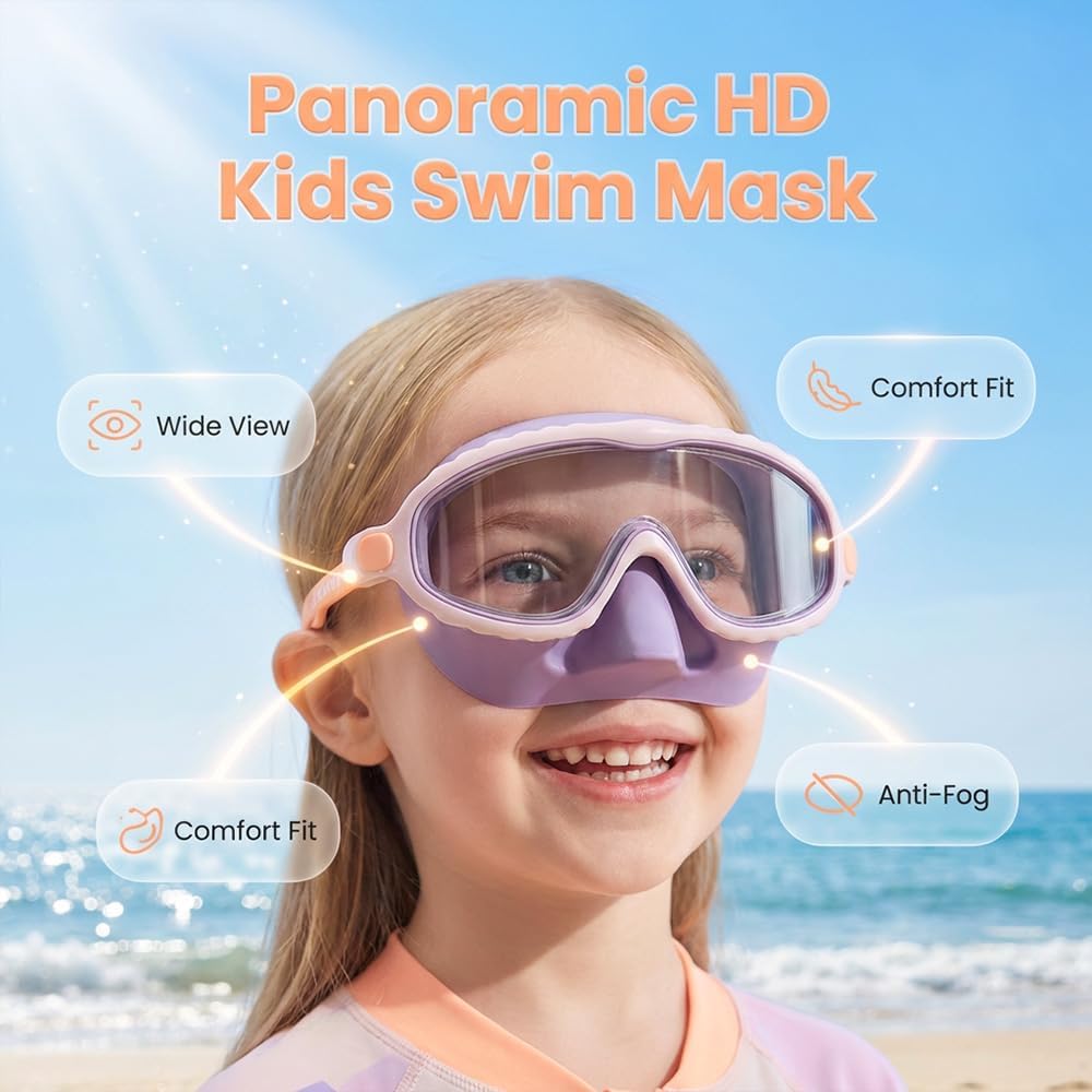 Runsgo HD Children's Waterproof Anti-Fog Swimming Goggles - Wide View Design with Nose Cover