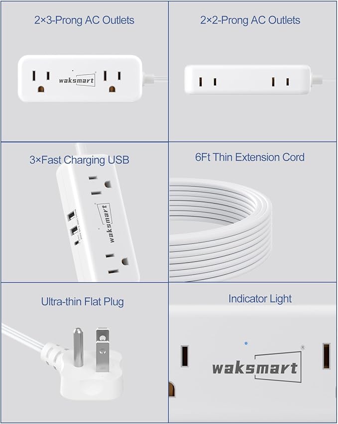 Flat Extension Cord 6 Feet - 4 AC Outlets 3 USB Ports (5V/3.4A 17W), Flat Plug Power Strip Compact for College Dorm, Travel, Cruise, Home, Office