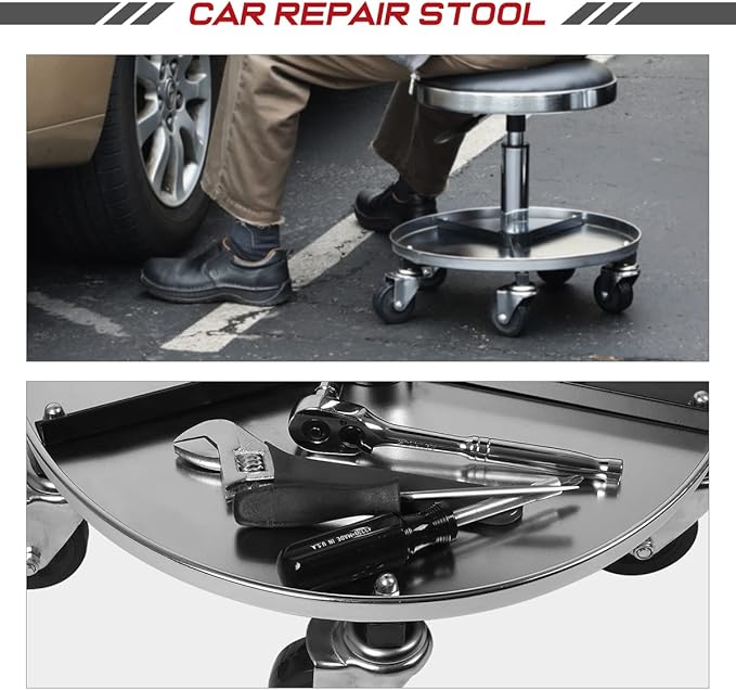 DNA MOTORING TOOLS-00191 Adjustable Height Pneumatic Mechanic Creeper Garage/Rolling Stool, Heavy Duty Roller Seat with Storage Tool Tray, Max Load 250 lbs