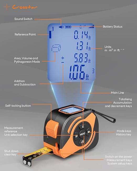 Crosstar 2-in-1 Laser Tape Measure 197ft, 532nm Green Beam, 16ft Manual Tape