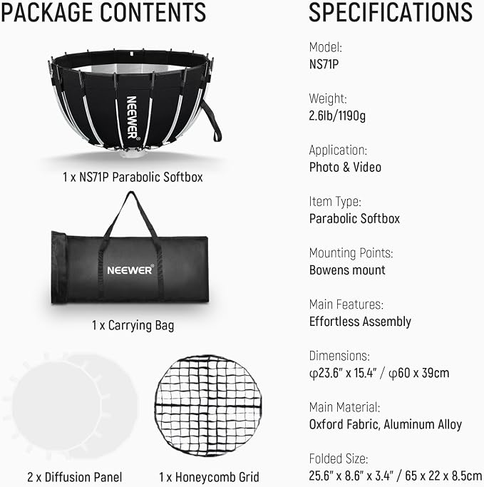 NEEWER Parabolic Softbox Kit, 23.6" Bowens Mount Soft Box