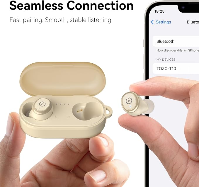 TOZO T10 Wireless Earbuds Powerful Bass Stereo Wireless Charging, APP, IPX8 | Waterproof, 55H Playtime, Ergonomic Design In Ear buds, App Customize EQ, Bluetooth 5.3 Headphones for Work, Travel, Khaki
