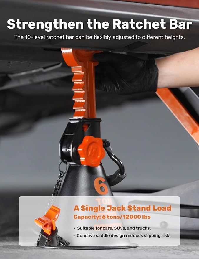 Jack Stands, 6 Ton (12,000 lbs) Heavy Duty Car Jack Stands with Integrated Steel Base and Double Locking, 15-5/16 to 23-7/8 inch Adjustable Height, for SUV, Truck, and Car, 1 Pair