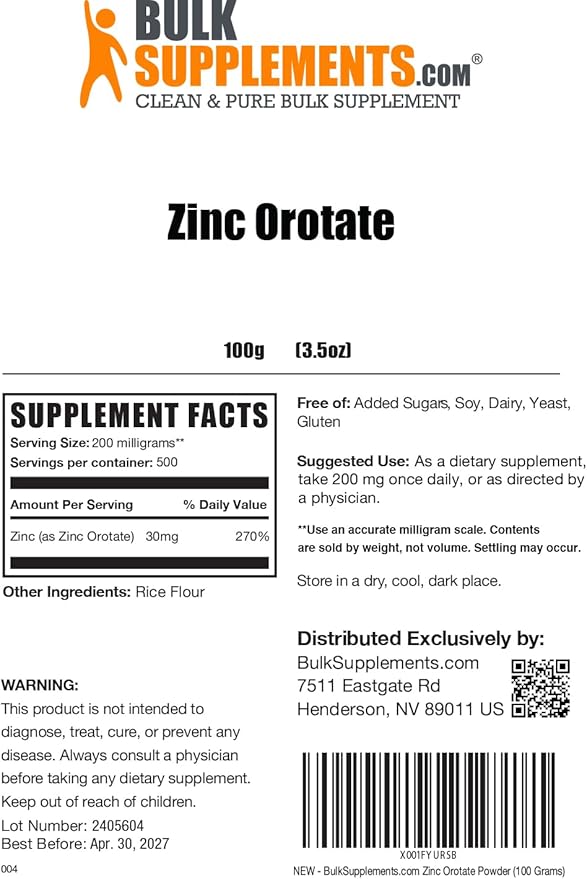 BulkSupplements.com Zinc Orotate Powder - Zinc Minerals Supplement, for Immune Support - Gluten Free, 200mg per Serving, 100g (3.5 oz) (Pack of 1)