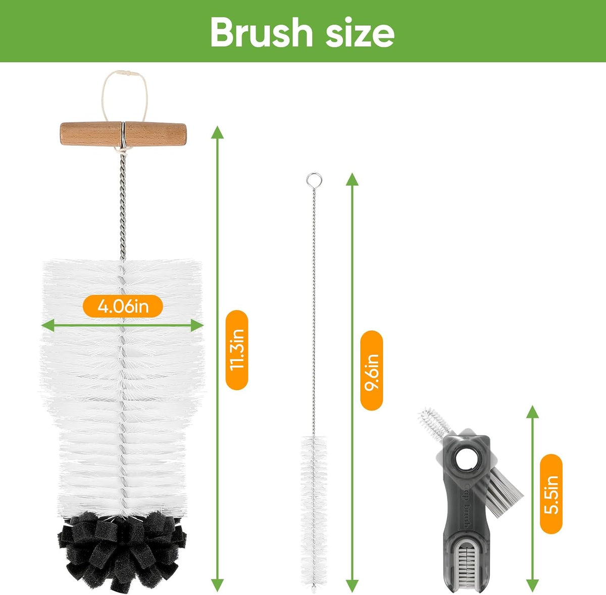 Skiennix 3-Piece Bottle Cleaning Brush Set - Long Wooden Handle for Tumblers & Mugs | Includes Straw & Lid Brushes