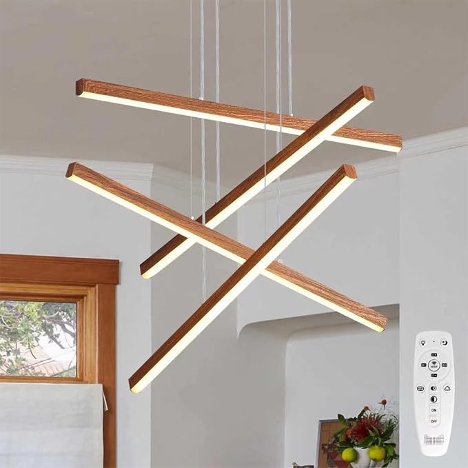LED Linear Pendant Light for Dining Room Wood Grain Finish 4 Light LED