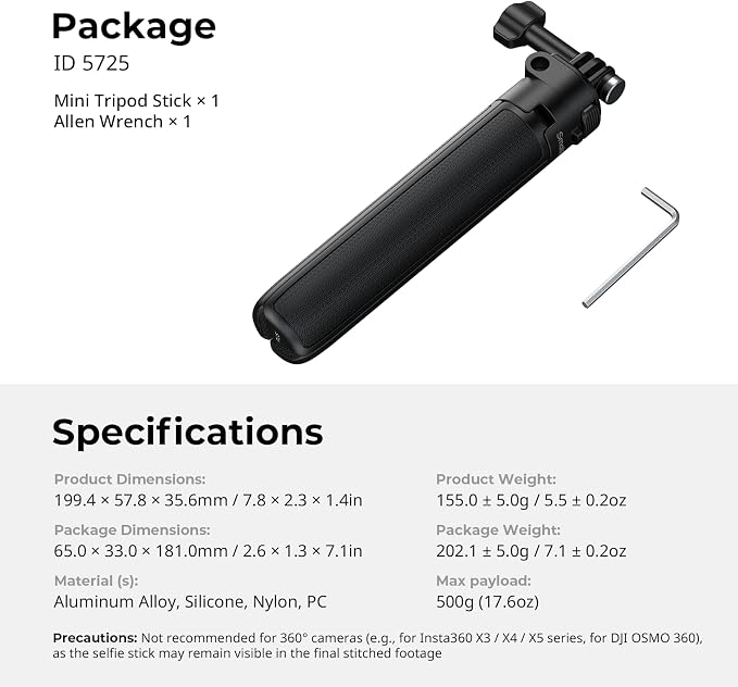 SmallRig 2-in-1 Selfie Stick Tripod, 7.1-20.5in Extendable, Support Horizontal