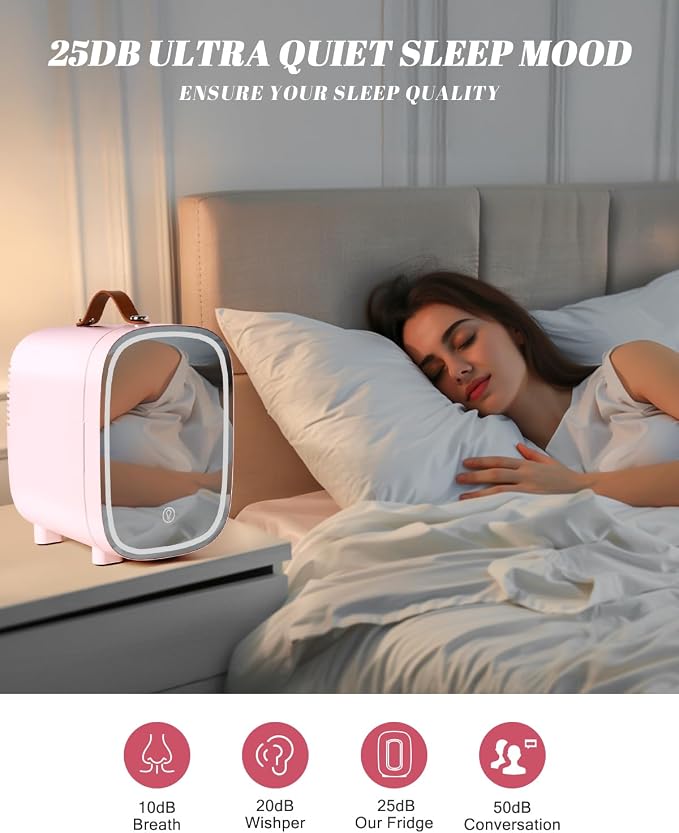 Mini Fridge for Bedroom, 4 Liter/6 Can Skincare Fridge With LED Mirror & Leather Carrying Handle,12v AC/DC Cooler & Warmer Portable Small Refrigerator for Drinks, Makeup, Dorm, Office and Car(Pink)