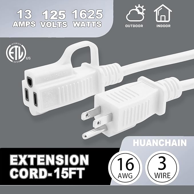 HUANCHAIN Indoor Outdoor White Extension Cord 15 ft Waterproof, 16/3 Gauge Flexible Cold-Resistant Appliance Extension Cord Outside, 13A 1625W 16AWG SJTW, 3 Prong Electric Cable, ETL