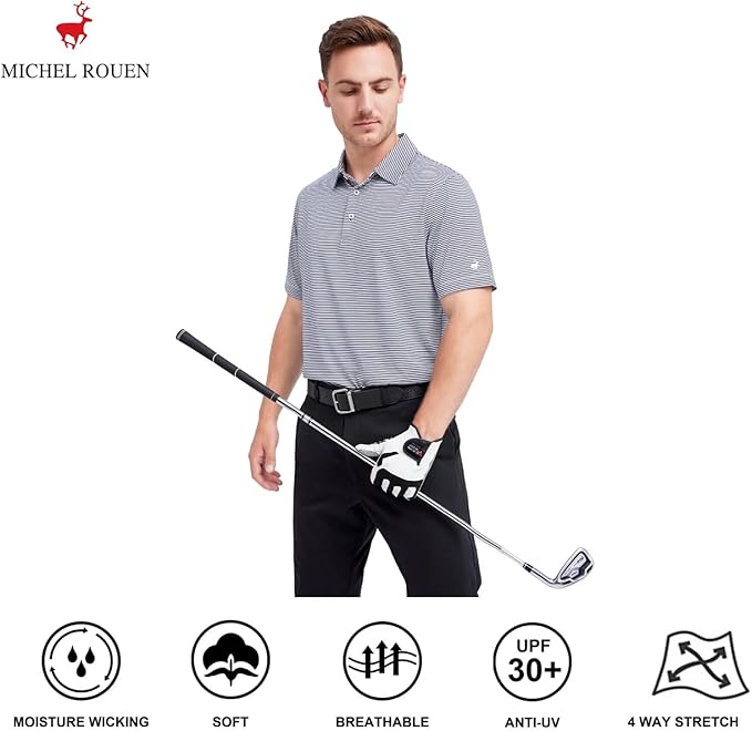 Mens Golf Shirt Moisture Wicking Dry Fit Performance Sport Short Sleeve Striped Golf Polo Shirts for Men