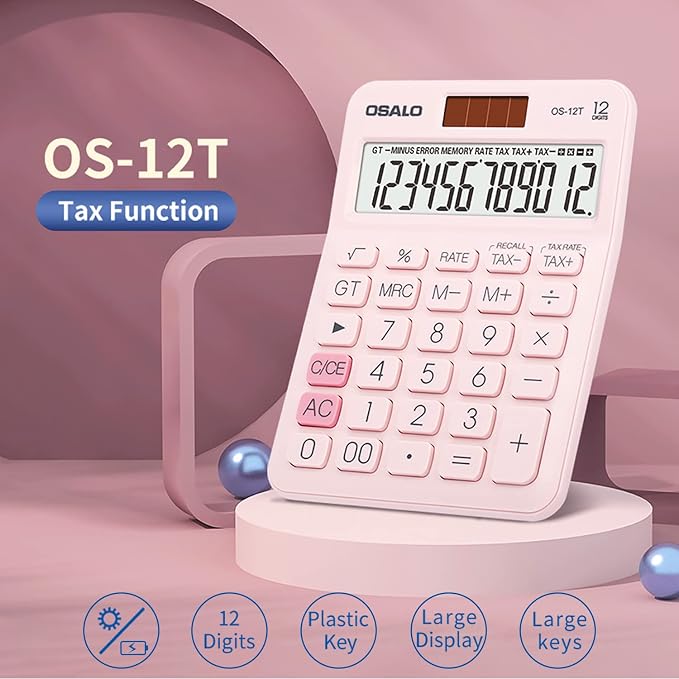Pocket Small Size Desk Calculator, 12 Digit Large LCD Display, Basic Tax
