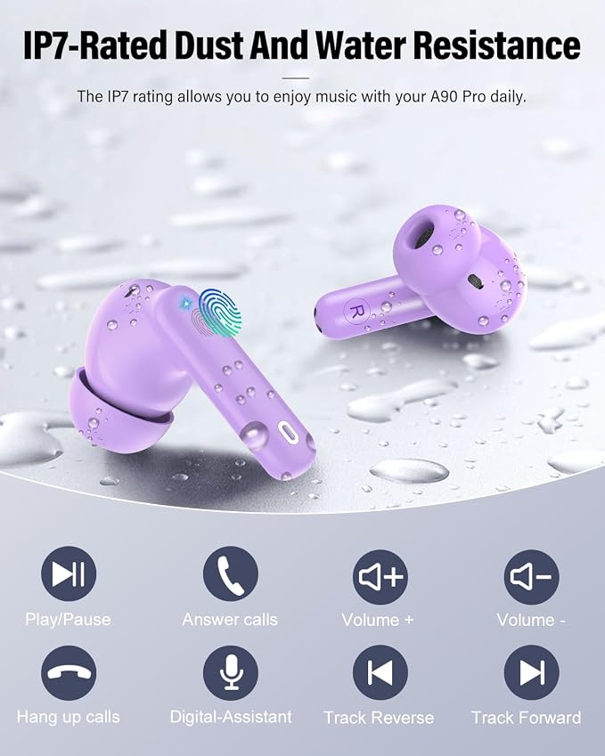 Wireless Earbuds, Bluetooth 5.4 Headphones Bass Stereo/Clear Calls, Purple | Ear Buds with Noise Cancelling Mic LED Display in Ear Earphones IP7 Waterproof 36H Bluetooth Earbuds for Phones/Sport/Laptop