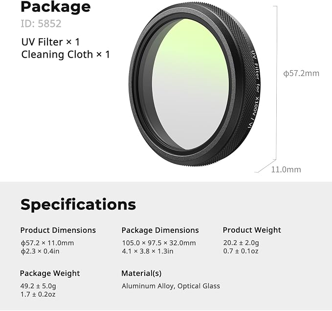 SmallRig UV Filter for FUJIFILM X100VI / X100V, 99% Light Transmittance