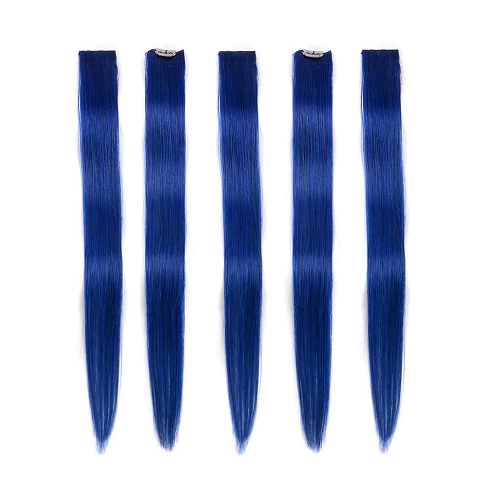Winsky Blue Clip In Hair Extensions 100% Real Human Hair - Straight Highlights Colored Clip On Christmas Hairpieces 5 Pieces/Set