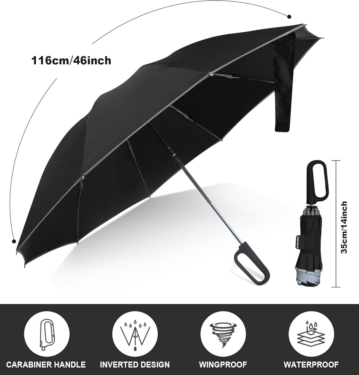 QWB TUMAAOTU Inverted Umbrella - Compact Windproof Design with Carabiner Handle | Portable Reverse Folding Umbrella for Rain and Sun Protection