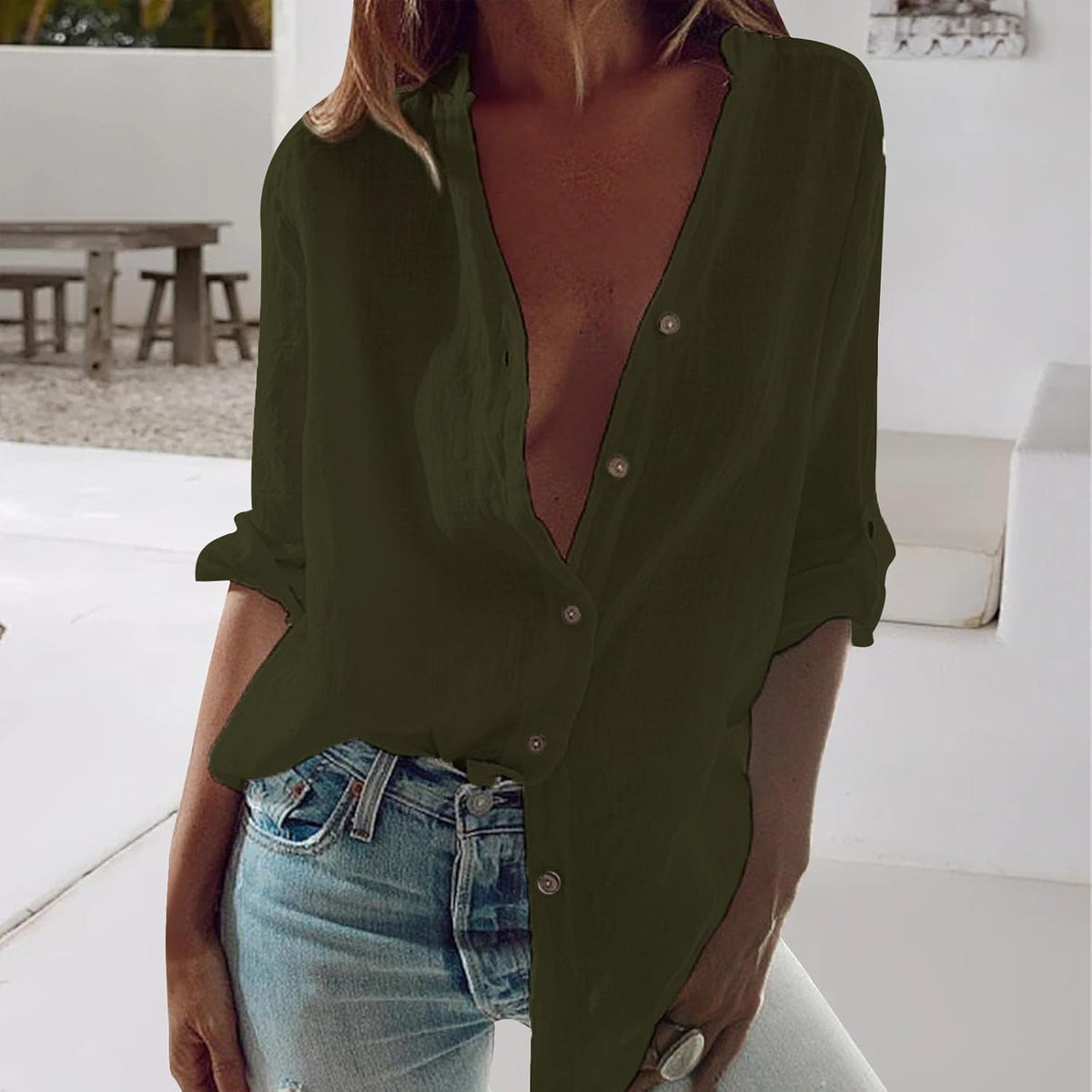 Skiennix Women's Cotton Button-Down Tunic Top - Casual Half Sleeve V-Neck Shirt | Summer Comfort