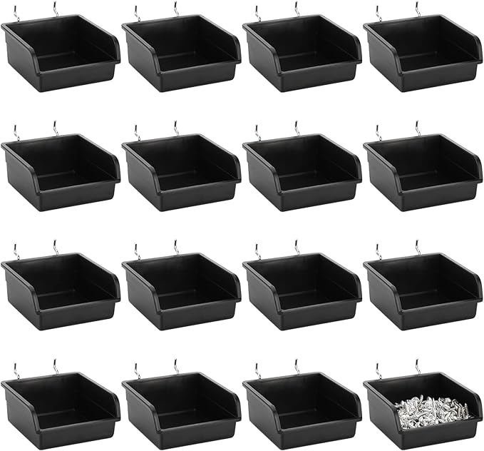 Foraineam 16 Pack Pegboard Bins with Metal Hooks, Black Garage Workbench Bins Cups Peg Board Accessories Kit, Pegboard Tools Organizer for Hardware, Workshop, Craft Room, Tool Shed, Hobby Supplies