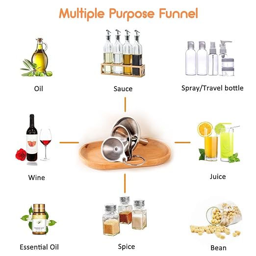 Small Funnels for Filling Bottles, 3 Pcs Stainless Steel Kitchen Funnel Set, Food Grade Mini Metal Funnel for Transferring Oil Liquid, Easy Cleaning with a Brush (Short Handle)
