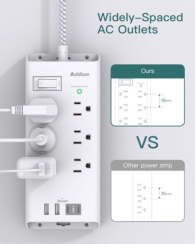 Surge Protector Power Bar, 5 FT Flat Plug Extension Cord Indoor, Power Strip with 6 Outlets Charger, 4 USB Ports(2 USB C), Desktop Charging Station for Home, Office, Dorm