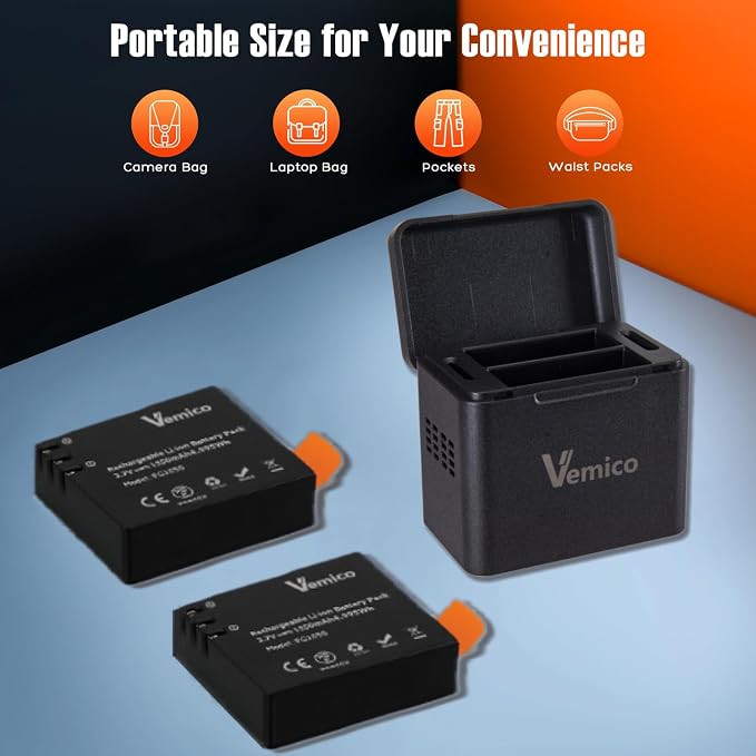 Vemico Action Camera Battery Charger 3-Pack 1350mAh PG1050 Battery LED