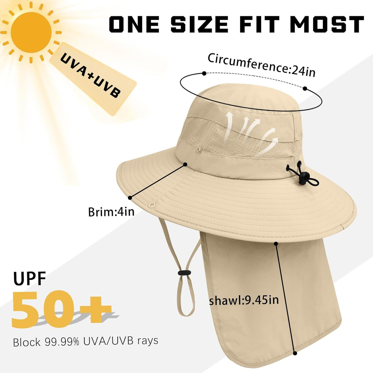 Sun Hats | UPF 50+ Protection Safari Hat for Men & Women - Wide Brim Fishing Hat with Neck Flap