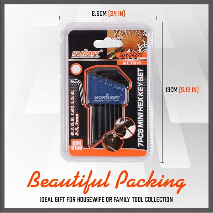 SEDY 7-Piece Mini Hex Key Metric Set, L Shape Allen Wrench, 0.7mm, 0.9mm, 1.27mm, 1.5mm, 2mm, 2.5mm, 3mm, Cr-V