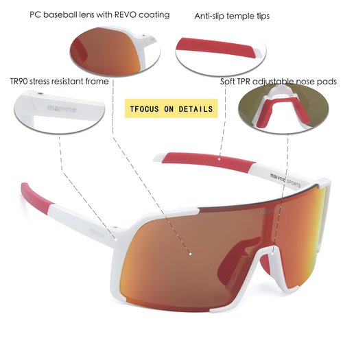 maivnz Baseball Sunglasses for Men Women Youth UV400 Protection Sports Glasses for Cycling Softball Running (White Frame Red Revo)