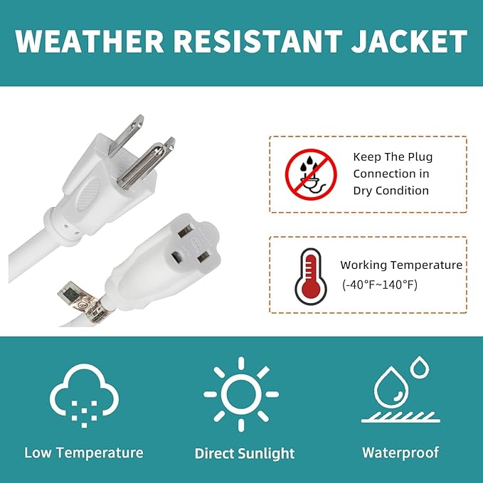 Indoor Outdoor Extension Cord Weatherproof, UL Certified, 16 Gauge 12FT White 3 Prong Heavy Duty, 16/3 SJTW 13A Power Cord for Outdoor Lights, Appliances, Lawn